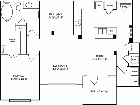 Floor plan for 1 bed, 1 bath, 975 sqft
